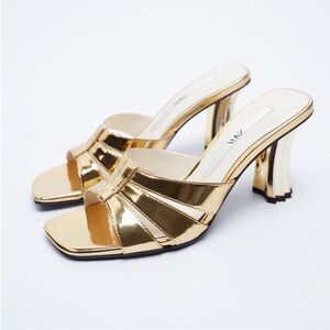 Excellent condition Zara Golden Metallic Heeled Sandals size 39 US 8